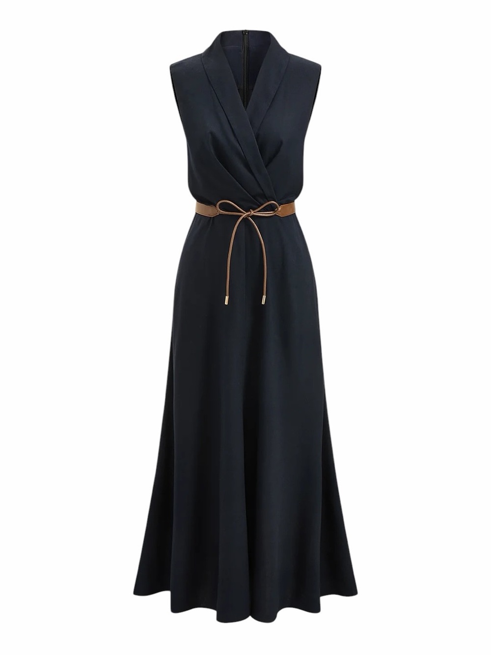 Commense Linen Blend Sleeveless Navy Blue Maxi Dress with Tan Belt XS NWT